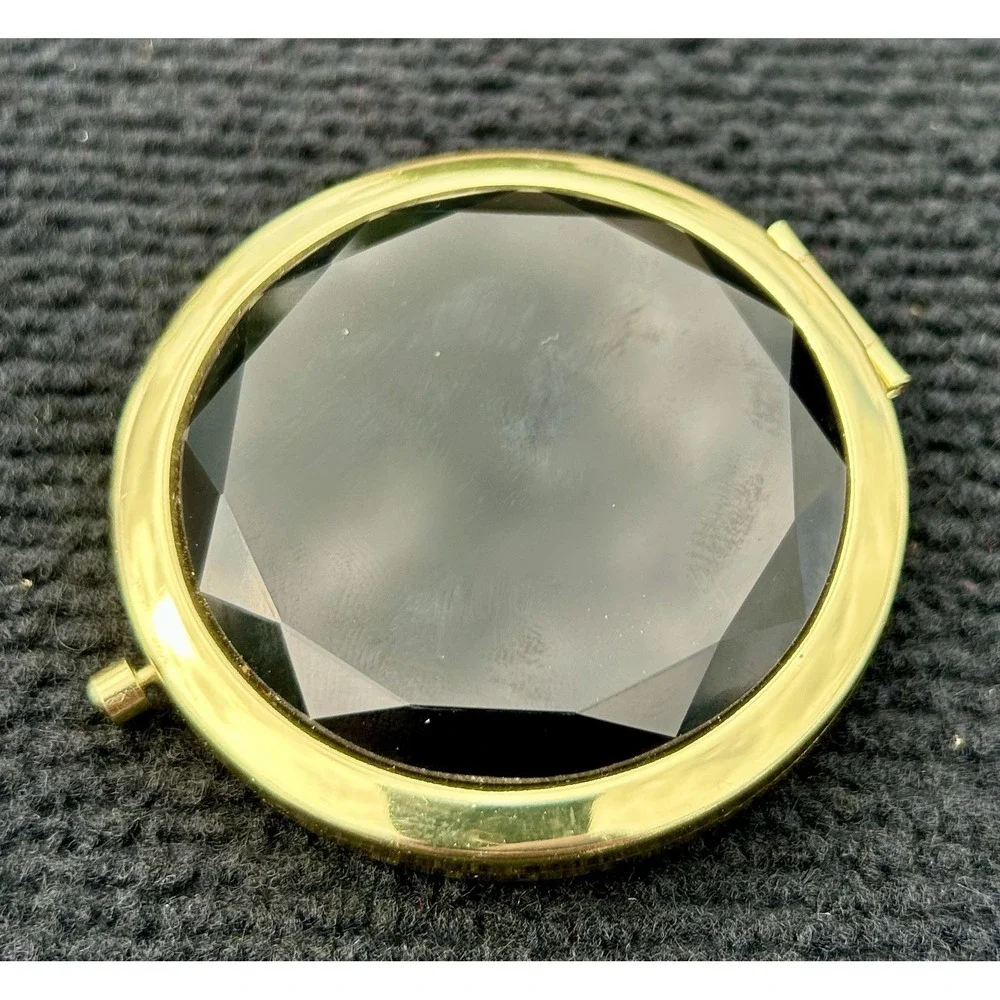 Gold Compact Mirror‎ Faceted Black Gemstone Look Purse Makeup Accessory 2.5 Inch